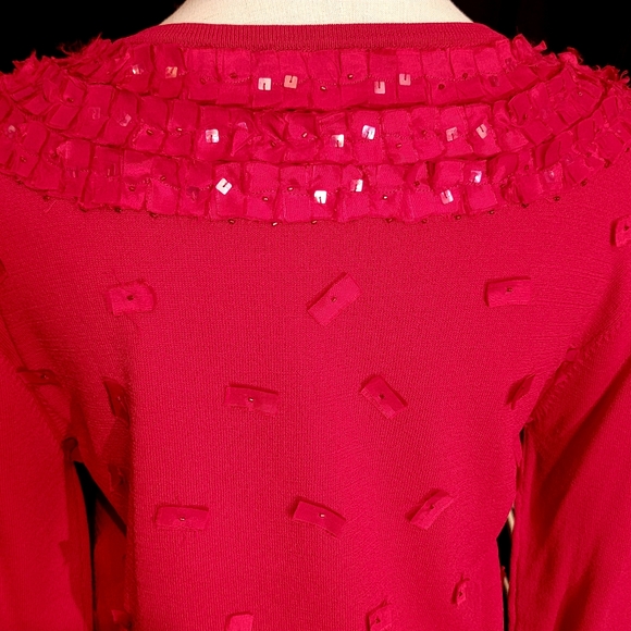 ANN TRINITY ♡ Gorgeous Red Ribbon Sequin Embellished Bling Button Front Blouse M - Picture 14 of 17
